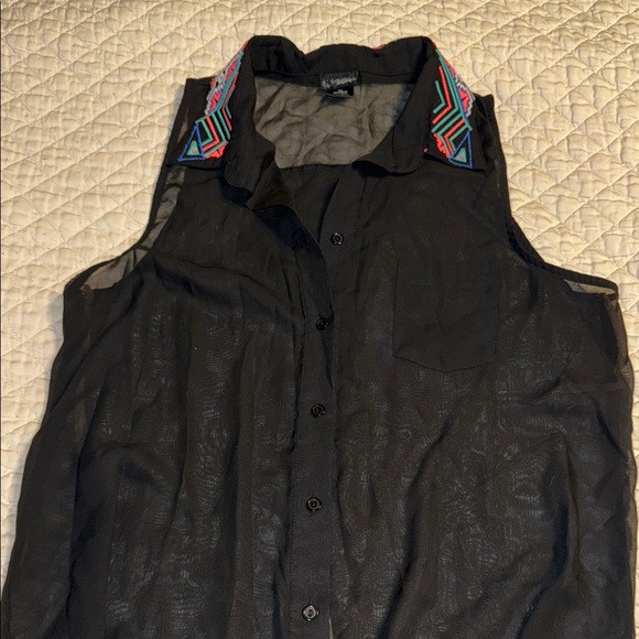 Daytrip Tops - Daytrip Black Sheer Button-Up Tank with Embroidered Multicolor Collar